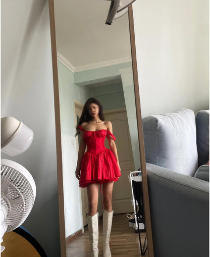 Vestido corto de encaje rojo con escote cuadrado y corte en A para fiesta de verano, minivestido de cóctel de noche DH2481