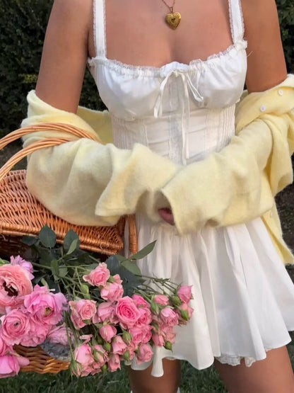 Vestido corto de encaje blanco con escote cuadrado y corte A para fiesta de bienvenida, minivestido de verano DH2482