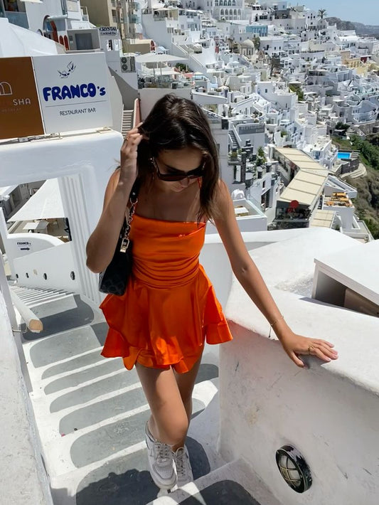 Hermosos vestidos de fiesta de satén naranja con cuello halter y corte A, para el regreso a casa, para cumpleaños número 18, vestidos de graduación, vestidos de cóctel cortos DH2498