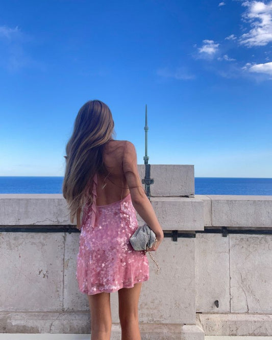 Hermosos vestidos de fiesta de graduación con cuello halter y lentejuelas rosas, para el 18.º cumpleaños, vestidos de graduación cortos y minivestidos DH2509