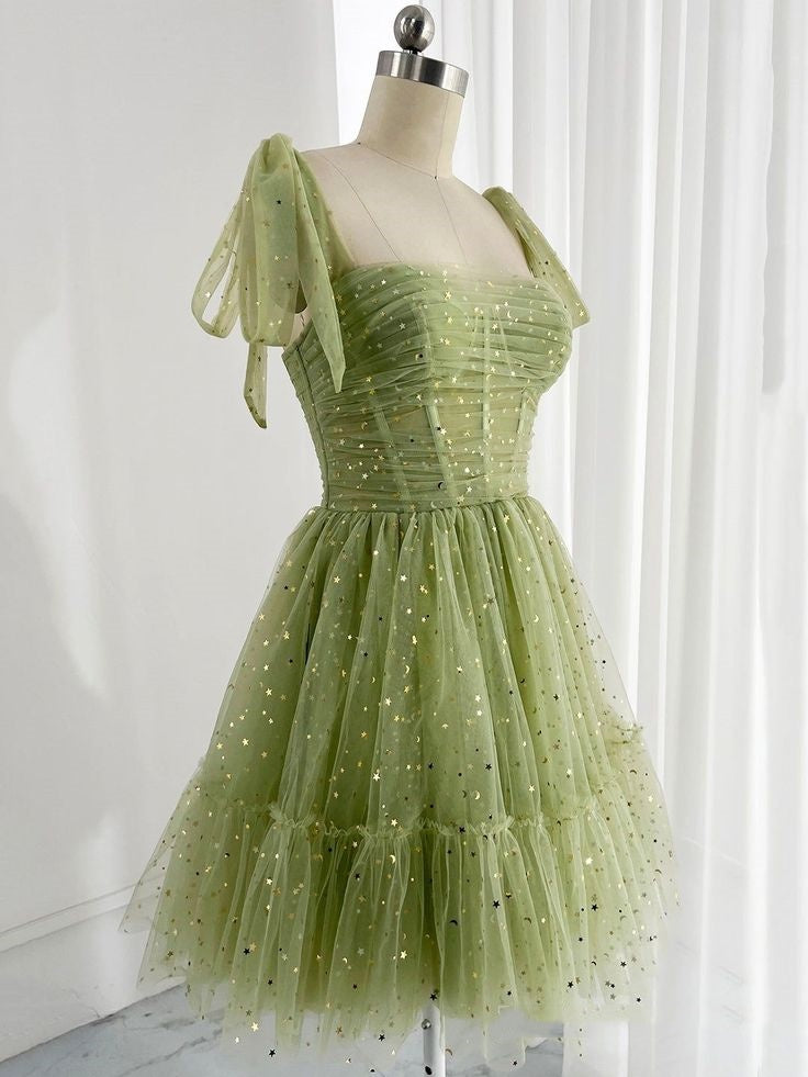 Trendy A line Straps Sage Green Tulle Mini Short Formal 8th Grade Homecoming Dresses Summer Middle School Hoco Dress Homecoming Outfits DH251