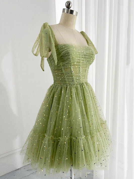 Vestido corto de tul verde salvia con tirantes finos, estilo moderno, para fiesta de 8.º grado, estilo Hoco, para verano, DH251