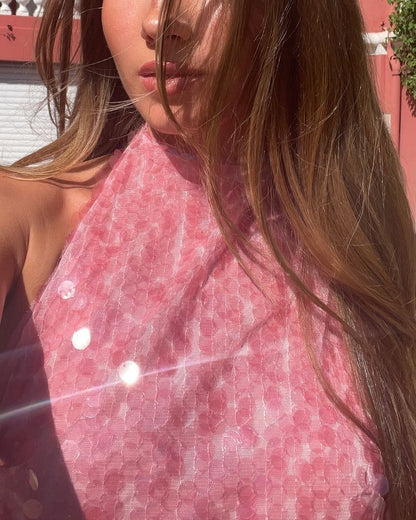 Lindos vestidos de fiesta de graduación con cuello halter y lentejuelas rosas, para el 18.º cumpleaños, vestidos de graduación cortos y minivestidos DH2510