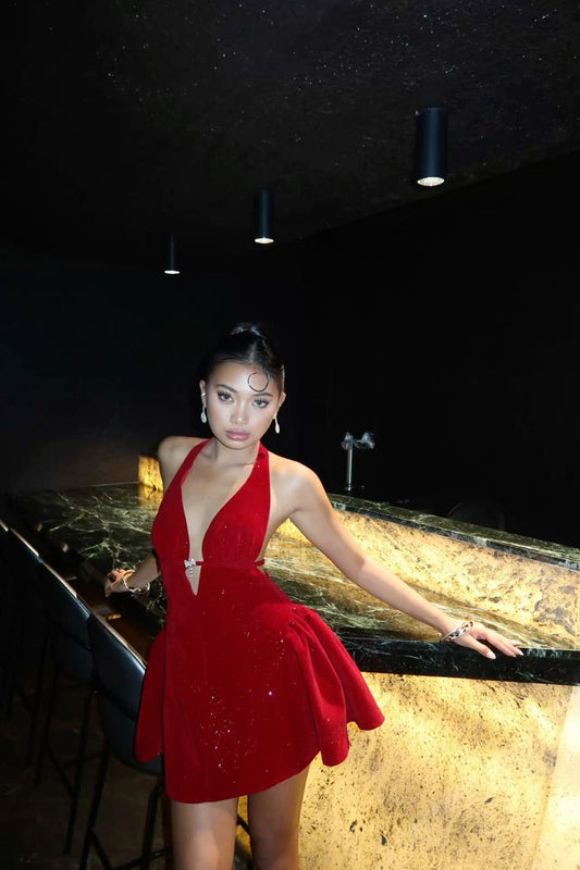 Hermosos vestidos de fiesta formales de corte A con cuello halter y lentejuelas rojas, para el regreso a casa, para el cumpleaños número 18, vestidos de graduación, vestidos cortos tipo hoco DH2519