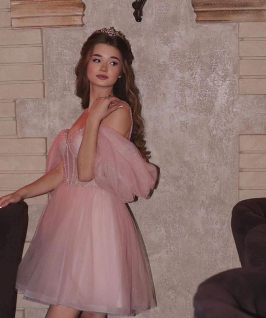 Hermoso vestido de fiesta con tirantes finos de tul rosa, vestidos formales de bienvenida, vestidos cortos para 16 cumpleaños, vestidos de graduación, mini vestidos Hoco DH2520