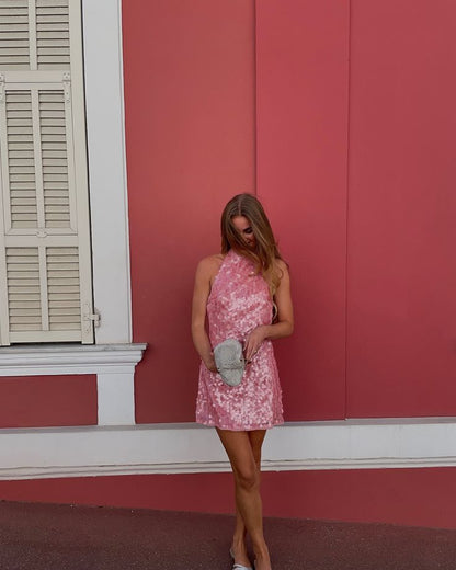Vestidos de fiesta formales de lentejuelas rosas, cuello alto, corte A, modestos, para el 18.º cumpleaños, vestidos de graduación, vestidos cortos tipo hoco DH2522