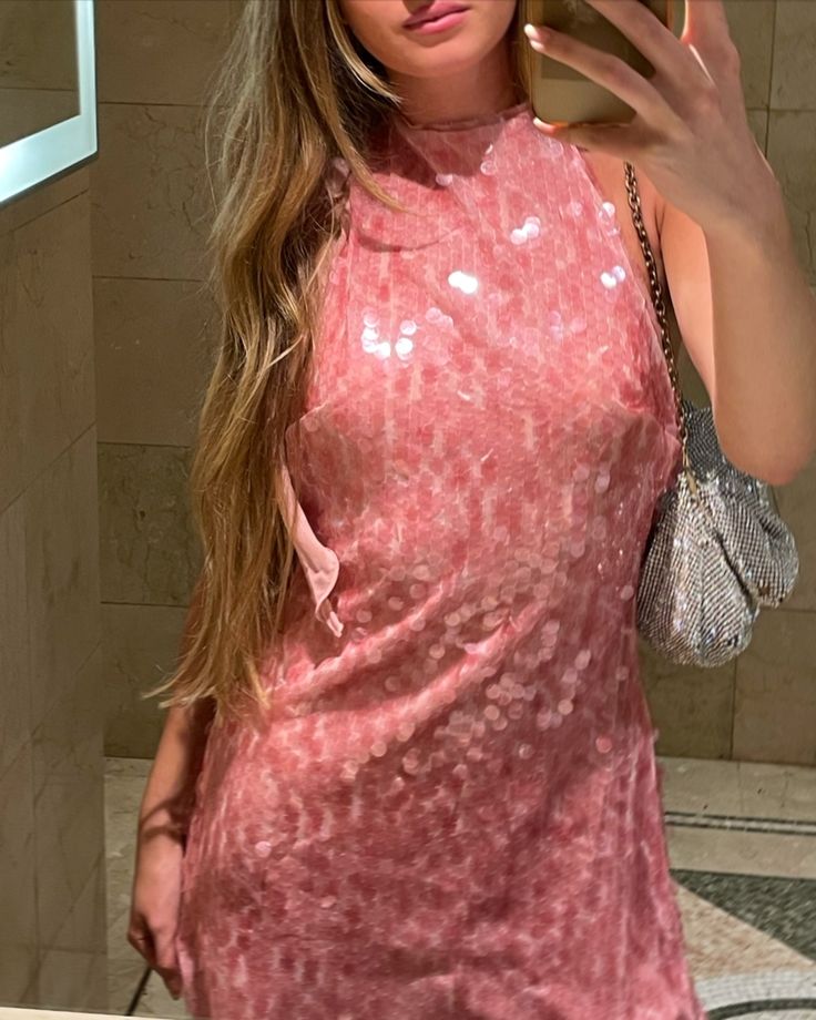 Vestidos de fiesta formales de lentejuelas rosas, cuello alto, corte A, modestos, para el 18.º cumpleaños, vestidos de graduación, vestidos cortos tipo hoco DH2522