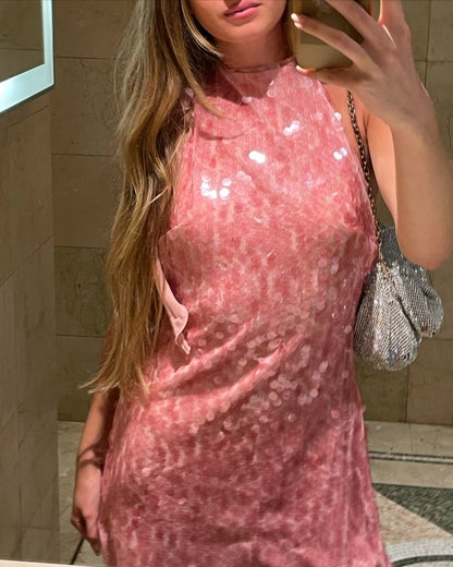 Vestidos de fiesta formales de lentejuelas rosas, cuello alto, corte A, modestos, para el 18.º cumpleaños, vestidos de graduación, vestidos cortos tipo hoco DH2522