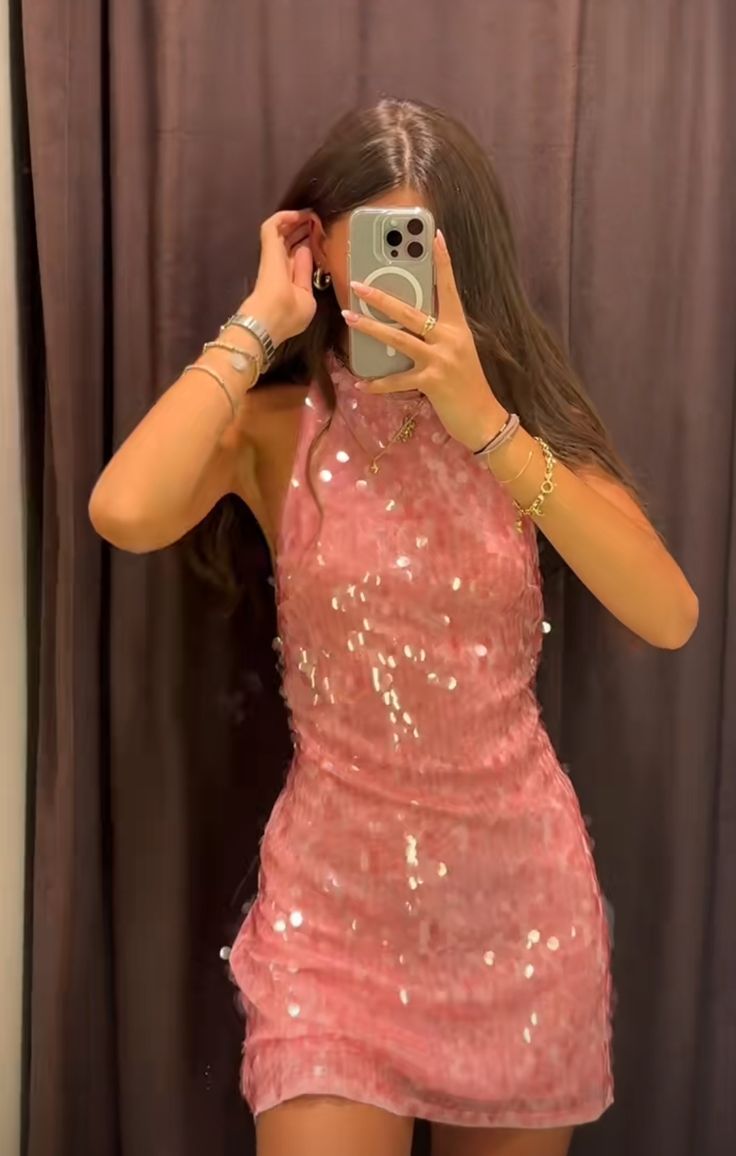 Vestidos de fiesta formales de lentejuelas rosas, cuello alto, corte A, modestos, para el 18.º cumpleaños, vestidos de graduación, vestidos cortos tipo hoco DH2522