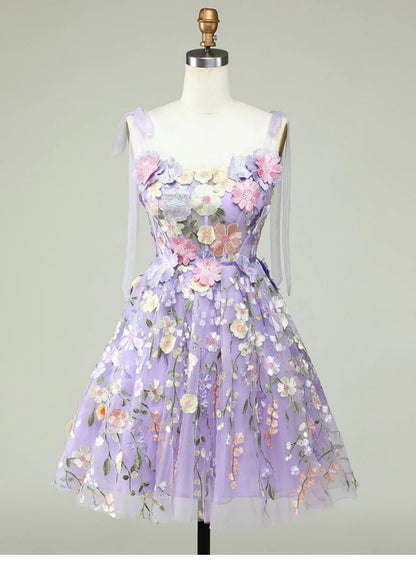 Vestidos de fiesta de tul lila con tirantes finos, corte A, encaje, para 18.º cumpleaños, graduación, minivestidos cortos DH2538