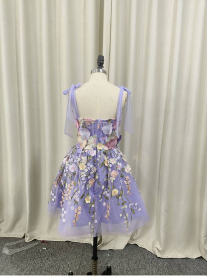 Vestidos de fiesta de tul lila con tirantes finos, corte A, encaje, para 18.º cumpleaños, graduación, minivestidos cortos DH2538
