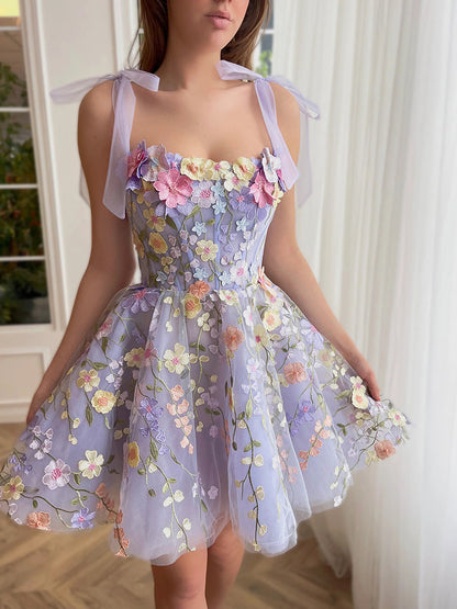 Vestidos de fiesta de tul lila con tirantes finos, corte A, encaje, para 18.º cumpleaños, graduación, minivestidos cortos DH2538