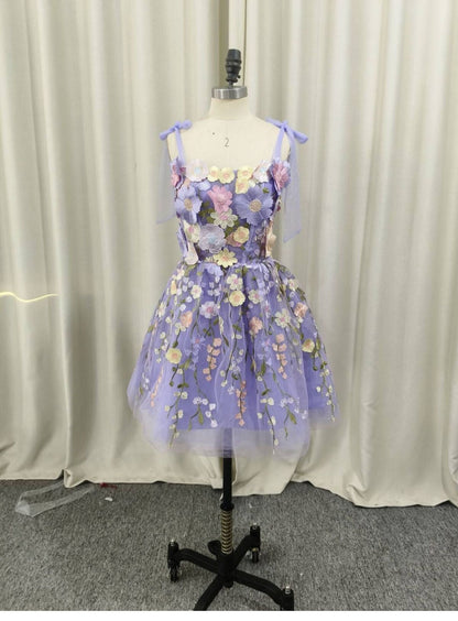 Vestidos de fiesta de tul lila con tirantes finos, corte A, encaje, para 18.º cumpleaños, graduación, minivestidos cortos DH2538