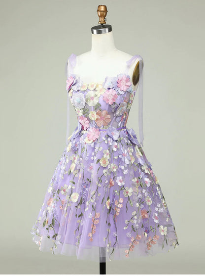 Vestidos de fiesta de tul lila con tirantes finos, corte A, encaje, para 18.º cumpleaños, graduación, minivestidos cortos DH2538
