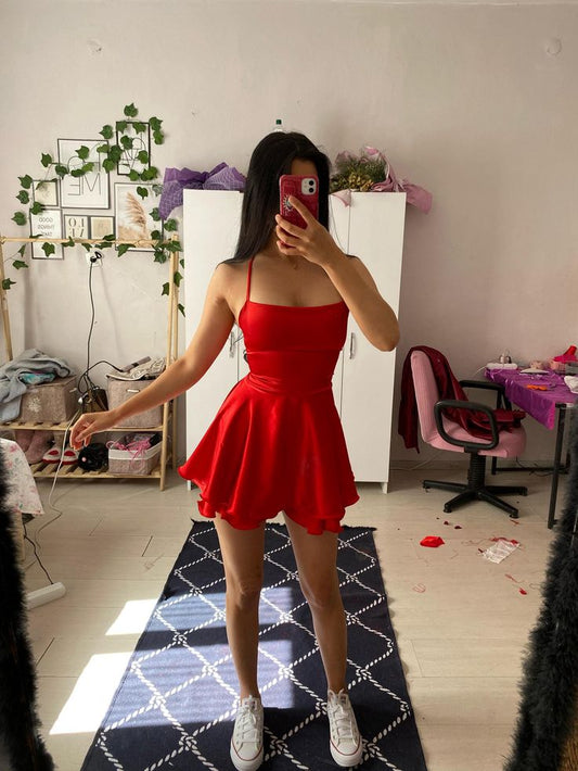 Lindos vestidos de fiesta cortos de satén rojo con tirantes finos y corte A para octavo grado, vestidos de verano para escuela secundaria, trajes de fiesta DH254