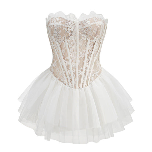 Vestidos de fiesta blancos de encaje, sexys, sin tirantes, para el 18.º cumpleaños, de graduación, cortos, minivestidos DH2551