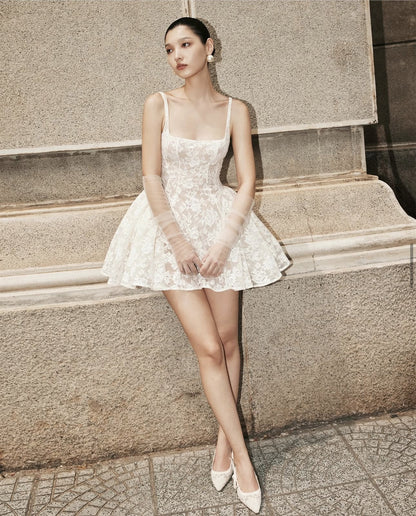 Vestido de fiesta corto de encaje verde salvia cuadrado para octavo grado, vestido de cóctel para secundaria, trajes Hoco DH2628