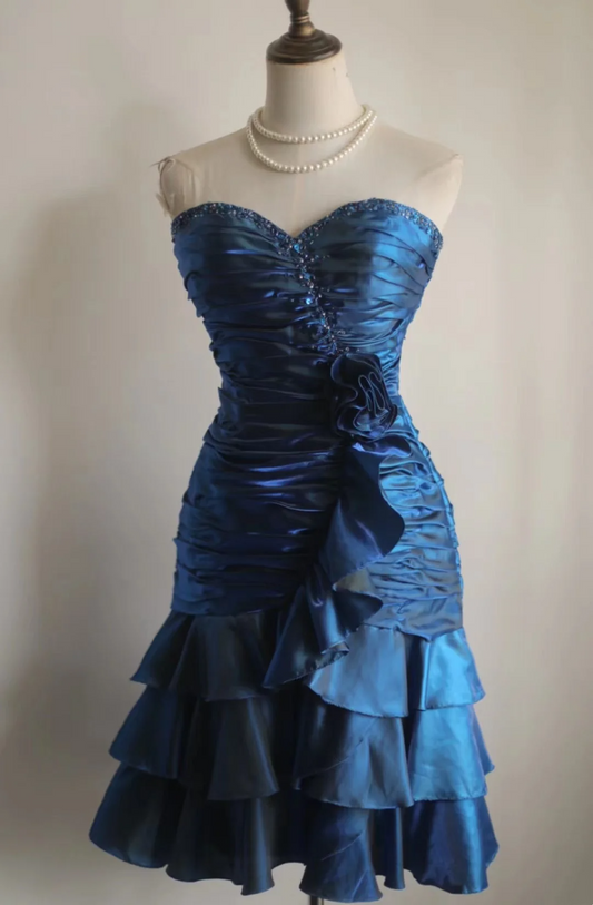 Vestido vintage de satén azul marino con escote corazón, para fiesta de bienvenida, para cumpleaños número 18, vestido de graduación, minivestido corto DH2557
