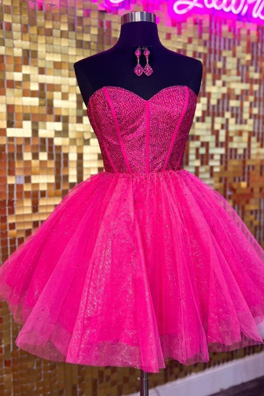 Vestido de fiesta retro con escote corazón de tul rosa intenso, vestido formal de regreso a casa, vestido de baile de graduación de octavo grado, vestido corto mini DH2563