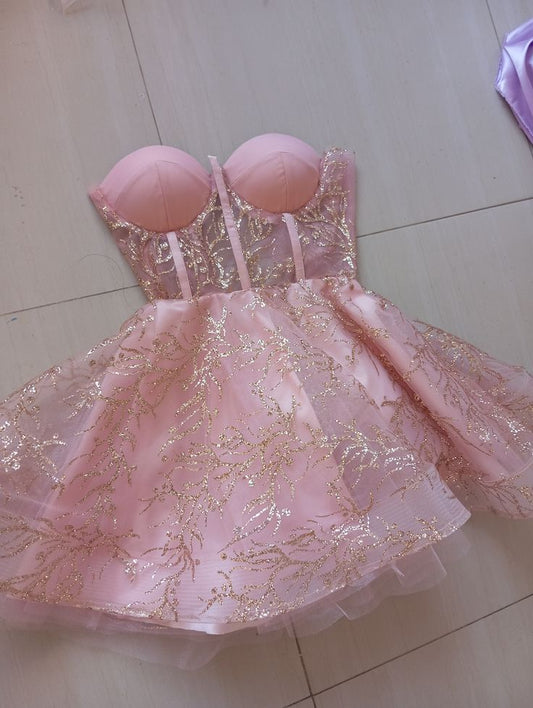 Cute Ball Gown Sweetheart Light Pink Sequin Formal Homecoming Dresses 8th Grad Dance Graduation Dress Short Mini Hoco Dresses DH2566