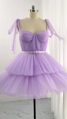 Vestido de fiesta corto de tul lila con tirantes finos para octavo grado, vestido de cóctel para secundaria, trajes Hoco DH2568