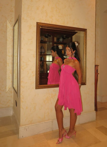 Cute A Line Strapless Hot Pink Chiffon High Low Formal Homecoming Dresses 8th Grad Dance Graduation Dress Short Hoco Dresses DH2571
