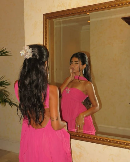 Cute A Line Strapless Hot Pink Chiffon High Low Formal Homecoming Dresses 8th Grad Dance Graduation Dress Short Hoco Dresses DH2571