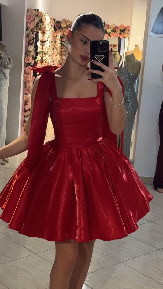 Vestido de fiesta corto de satén rojo con tirantes, para octavo grado, formal, de cóctel, para escuela secundaria, DH2574