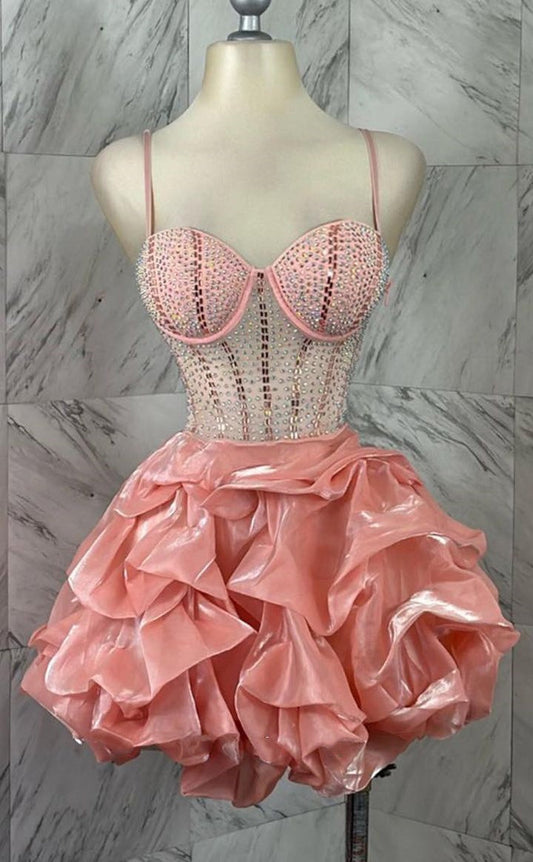 Vestido de fiesta modesto con tirantes finos en organza rosa ruborizado, vestido formal de bienvenida, baile de graduación de octavo grado, vestido corto Hoco DH2578