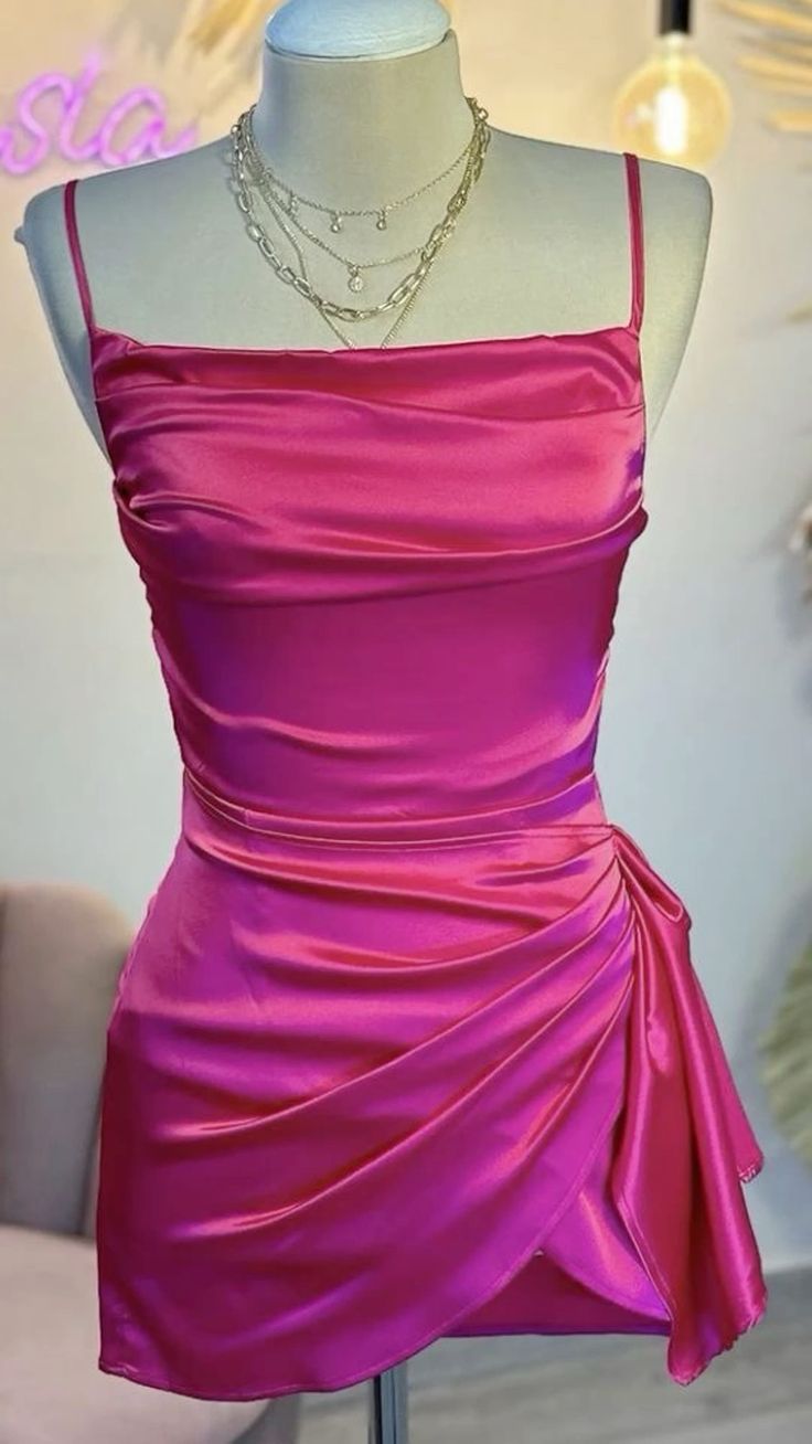 Vestido corto de satén rosa intenso con tirantes finos para fiesta de 8.º grado, vestido de verano para escuela secundaria, DH258
