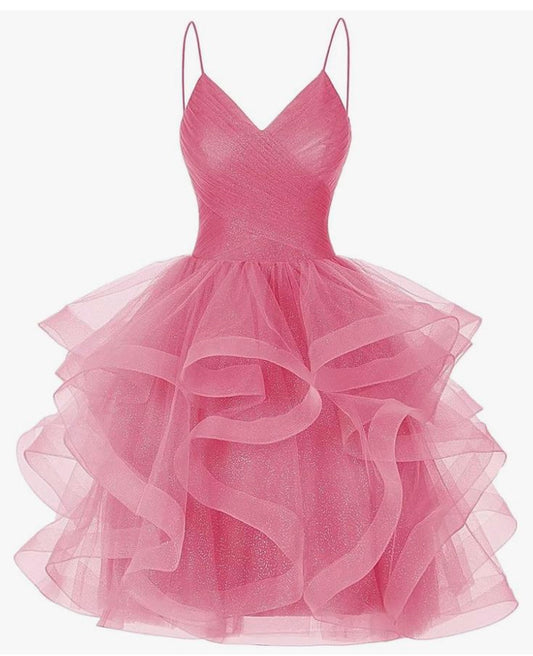 Vestido de fiesta modesto con tirantes finos y tul rosa, vestido formal de bienvenida para octavo grado, vestido de graduación, vestido corto Hoco DH2580