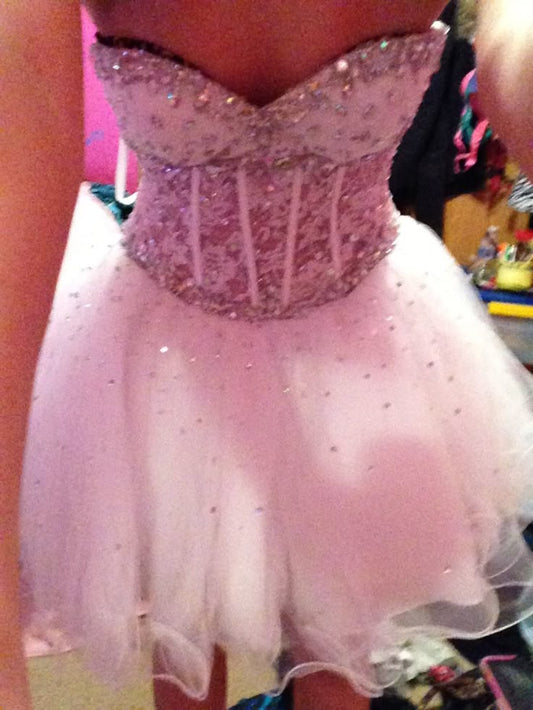 Vestido de fiesta modesto con escote corazón de tul rosa claro, vestido formal de bienvenida, baile de graduación de octavo grado, vestido corto Hoco DH2583