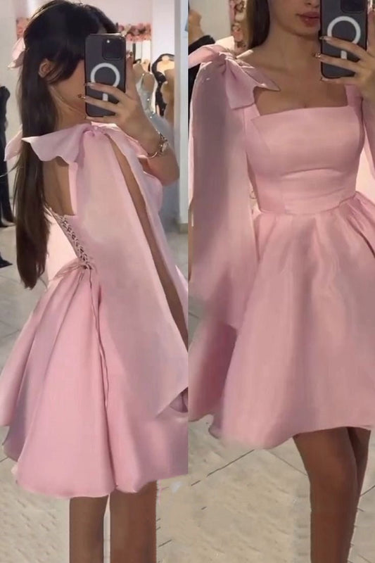 Vestido de fiesta modesto con tirantes finos, satén rosa, para baile de graduación, baile de graduación, corto, DH2585
