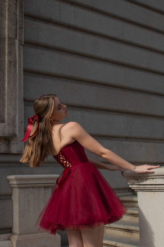Vestido de fiesta modesto con escote en forma de corazón de tul burdeos, vestido formal de bienvenida para baile de graduación de octavo grado, vestido corto Hoco DH2587