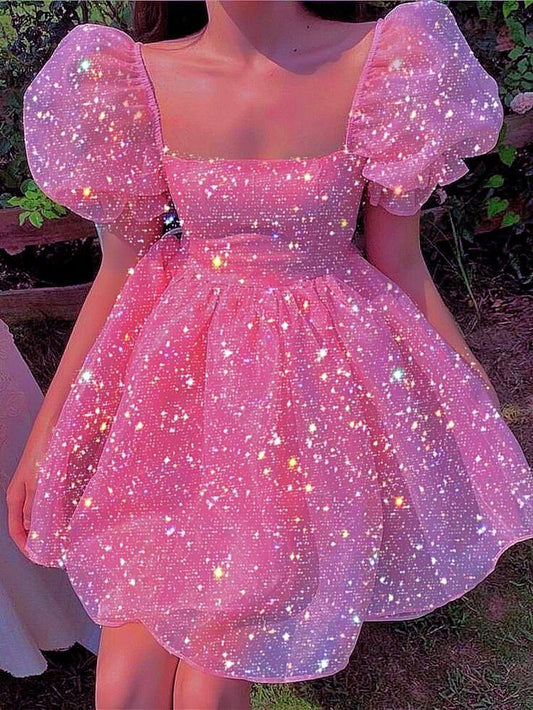 Vestido de princesa con escote cuadrado, tul rosa, para baile de graduación, baile de graduación, corto, DH2590