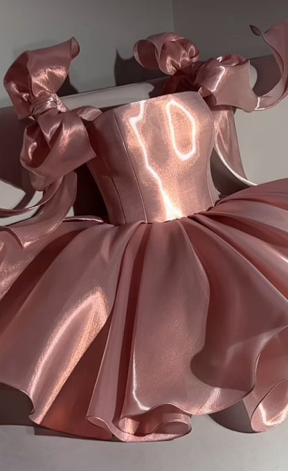 Vestido de fiesta corto de satén rosa con tirantes, para octavo grado, para cóctel, para escuela secundaria, DH2591