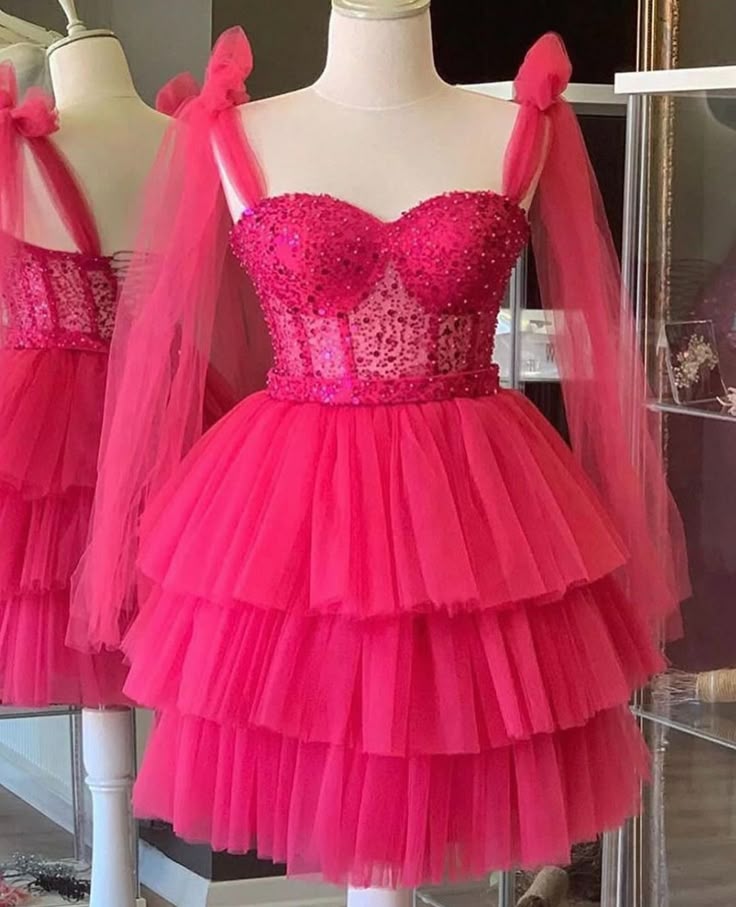 Vestido de fiesta modesto con tirantes finos de tul rosa intenso, vestido formal de bienvenida para baile de graduación de octavo grado, vestido corto Hoco DH2593