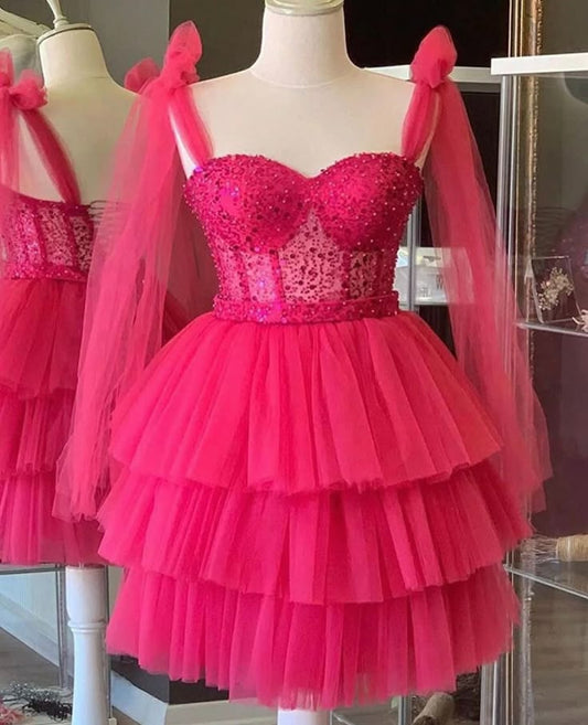 Vestido de fiesta modesto con tirantes finos de tul rosa intenso, vestido formal de bienvenida para baile de graduación de octavo grado, vestido corto Hoco DH2593