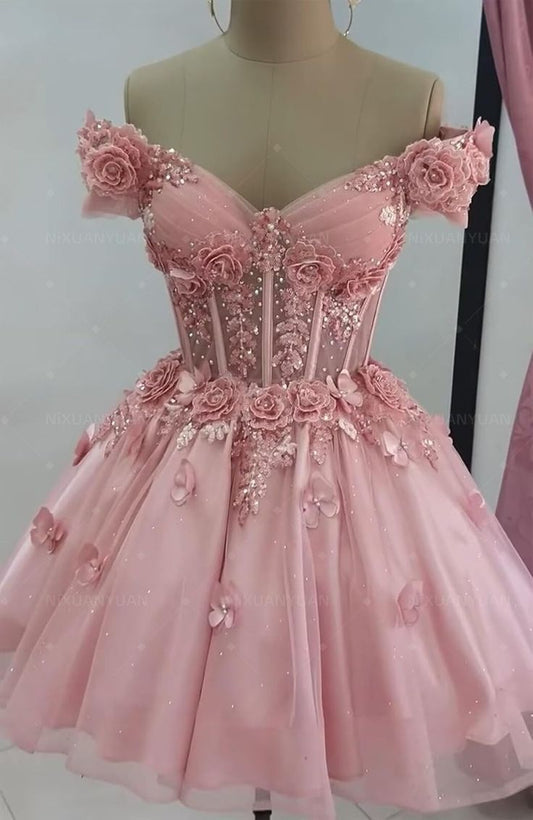 Vestido de fiesta modesto con hombros descubiertos, tul rosa ruborizado, vestidos formales de bienvenida, baile de graduación de octavo grado, vestidos cortos Hoco DH2596