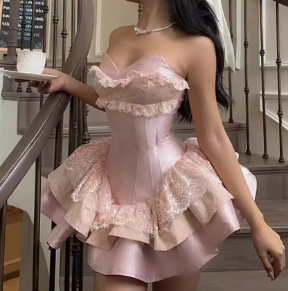 Vestido de princesa con escote corazón, de satén rosa y encaje, corto, formal, para el regreso a casa de octavo grado, vestido de cóctel para secundaria, trajes Hoco DH2597