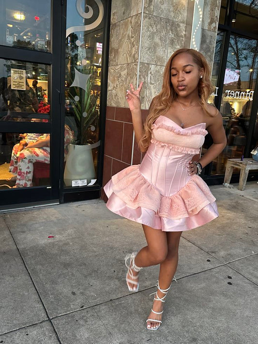 Vestido de princesa con escote corazón, de satén rosa y encaje, corto, formal, para el regreso a casa de octavo grado, vestido de cóctel para secundaria, trajes Hoco DH2597