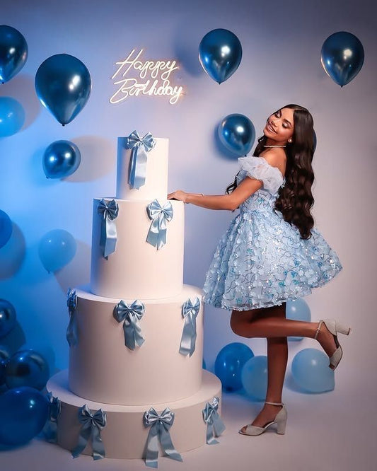 Vestido de fiesta modesto con hombros descubiertos, de encaje azul cielo claro, para baile de graduación de 8.º grado, corto, DH2598