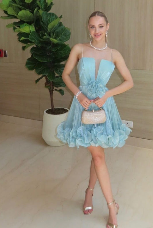 Vestido de fiesta corto de satén azul cielo con tirantes finos, para octavo grado, para cóctel, para escuela secundaria, DH2600