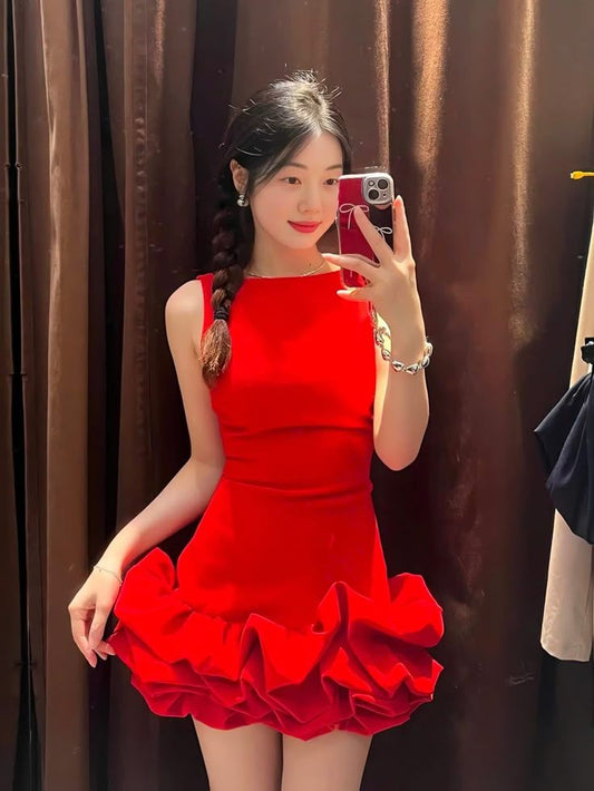 Vestido de fiesta de princesa con escote redondo y satén rojo, para baile de graduación, 8.º grado, corto, DH2603