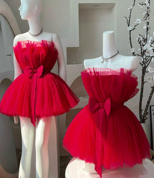 Hermoso vestido de fiesta sin tirantes de tul rosa, corto, formal, para octavo grado, vestido de cóctel para secundaria, trajes Hoco DH2619