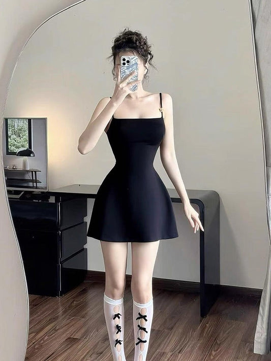 Vestido negro corto con tirantes finos, corte A, para fiesta de bienvenida, baile de graduación, 8.º grado, corto, DH2621