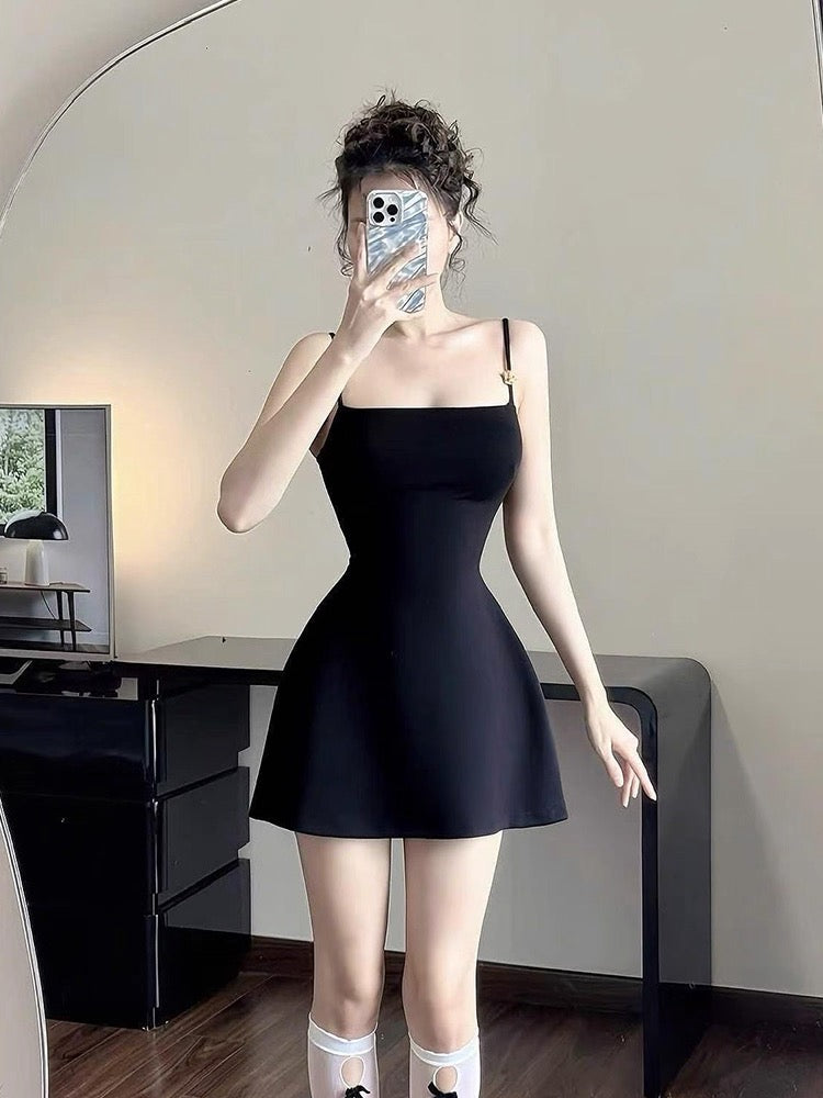 Vestido negro corto con tirantes finos, corte A, para fiesta de bienvenida, baile de graduación, 8.º grado, corto, DH2621