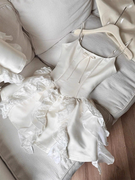 Cute A line Spaghetti Straps White Satin Formal Homecoming Dresses 8th Grad Dance Graduation Dress Short Hoco Dresses DH2622