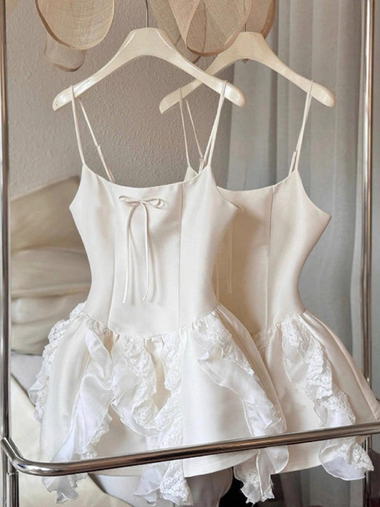 Cute A line Spaghetti Straps White Satin Formal Homecoming Dresses 8th Grad Dance Graduation Dress Short Hoco Dresses DH2622