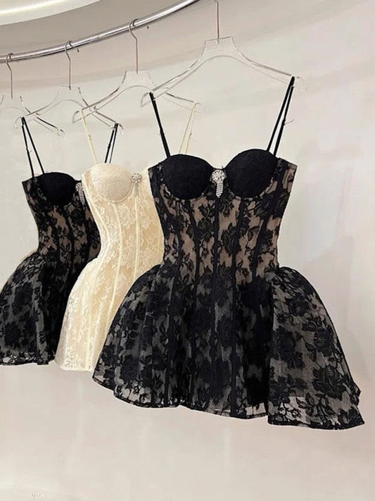 Vestido de fiesta corto con tirantes finos y encaje negro para octavo grado, vestido de cóctel para secundaria, trajes Hoco DH2626